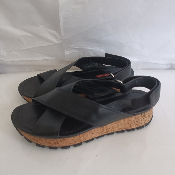 𝅺Prada Platform Wedge Leather criss cross leather sandals size 36.5 - Picture 11 of 14